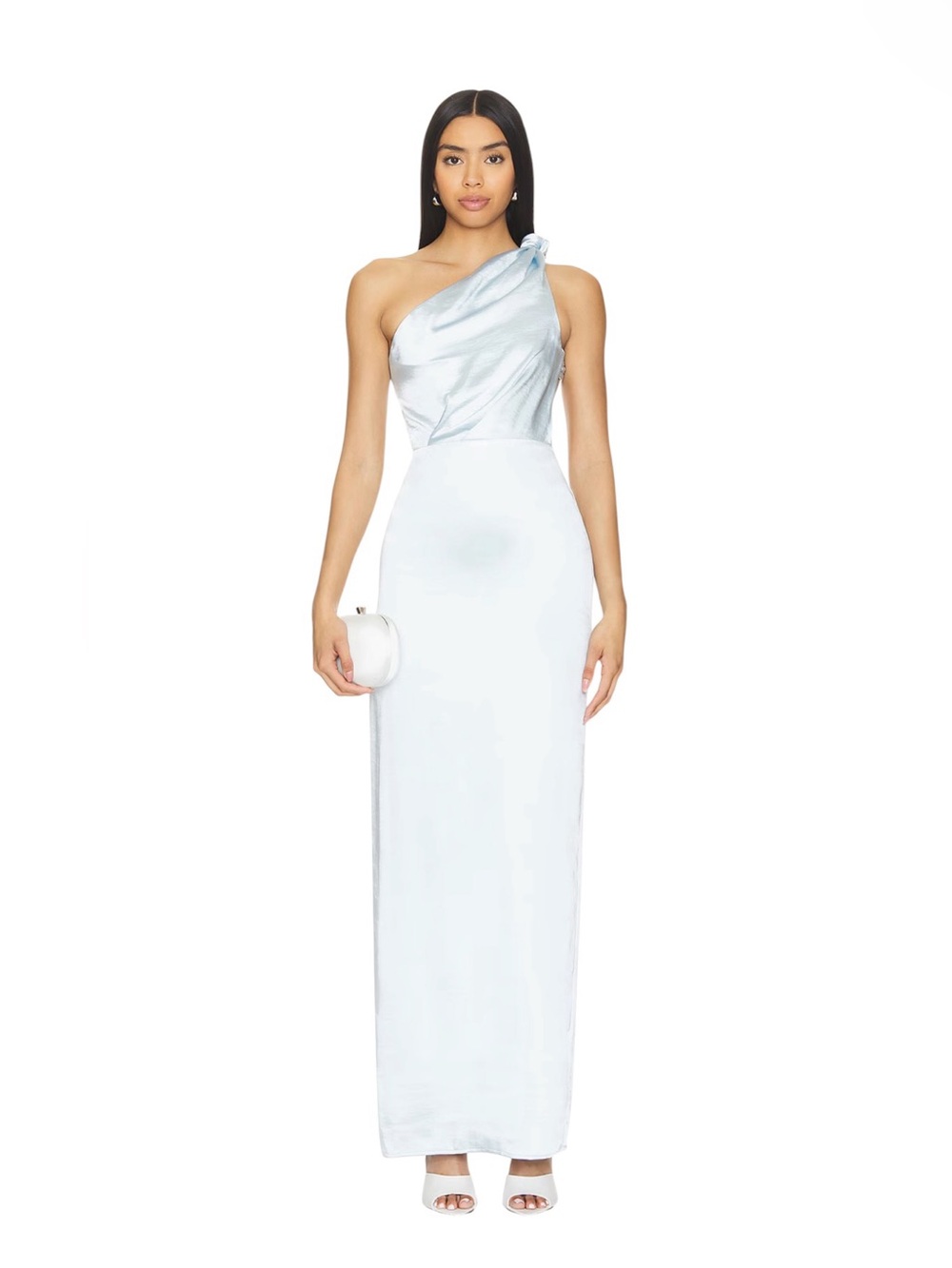 Lovers + Friends- Bella Gown One-Shoulder Satin in Light Silver-Blue Size XXS